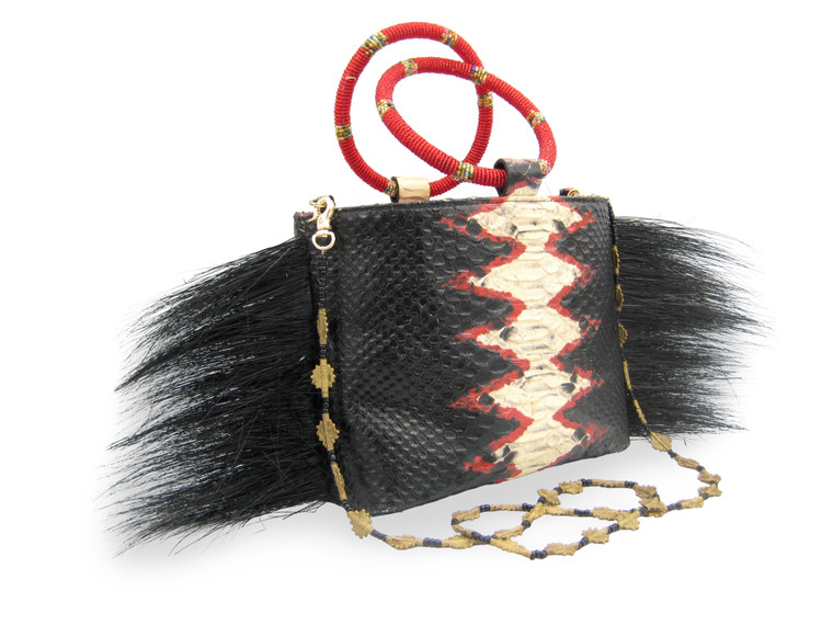 INGRID BRUHA Limited Edition Black, Red & Cream Embossed Python Snake Skin & Upcycled African Fur w/Beaded Strap & Double ROUND Handles