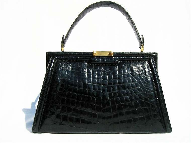  Jet Black 1950's-60's CROCODILE Skin Handbag - Unique Shape - LOPEZ - ARGENTINA 