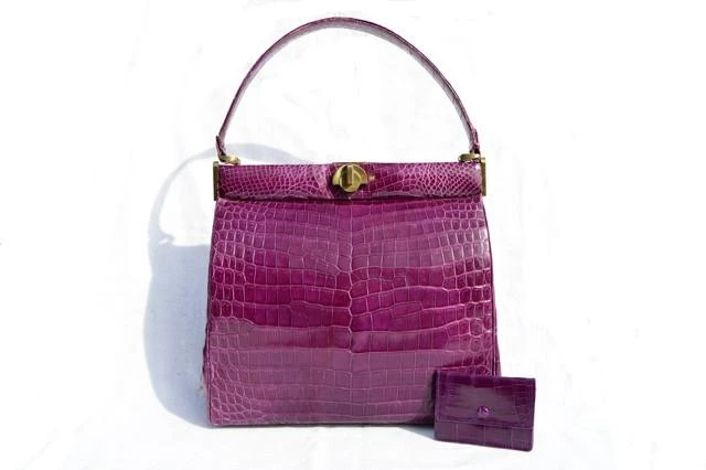  Rare 1960's PURPLE Crocodile Belly Skin Shoulder Bag with Accessories - COMTESSE 