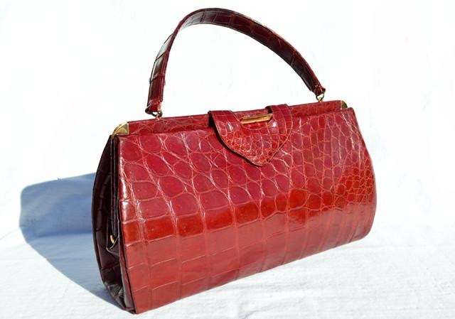  Apple RED 1950's-60's Alligator Skin Handbag - JOSEF 