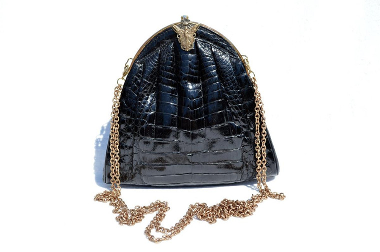  Jet Black 1980's-90's G. PARAPINI Alligator Belly Skin CROSS Body Shoulder Bag - ITALY 