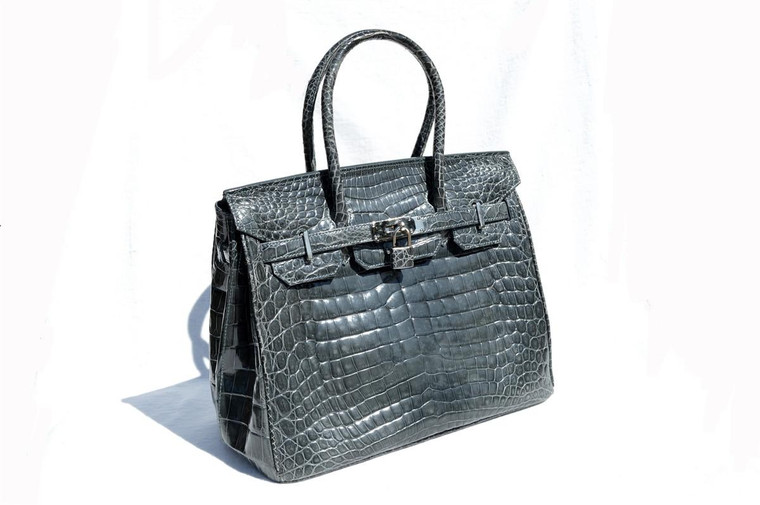  Stunning GRAY 1990's-00's CROCODILE Porosus Skin BIRKIN Bag BRIEF - HERMES! - Lock & Key! 