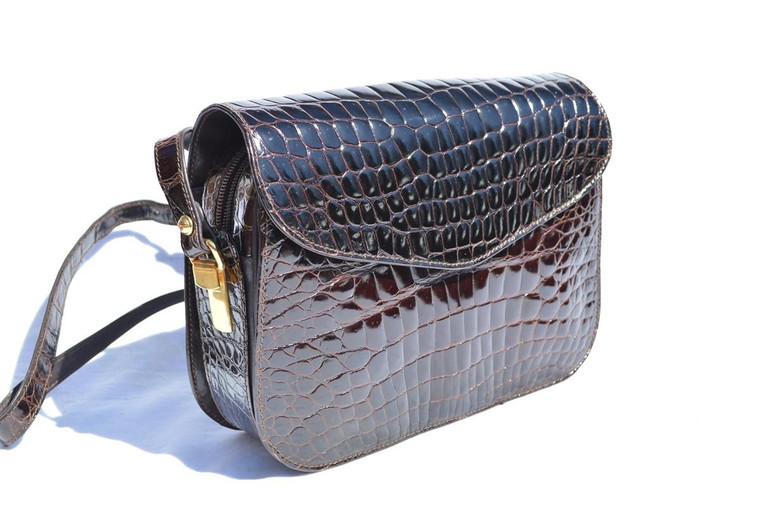  DONNA ELISSA Dark Brown 1990's ALLIGATOR Belly Skin SHOULDER Bag 