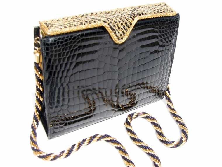 Rare 1950's-60's LUCILLE de PARIS Black BEADED Alligator Evening Bag 