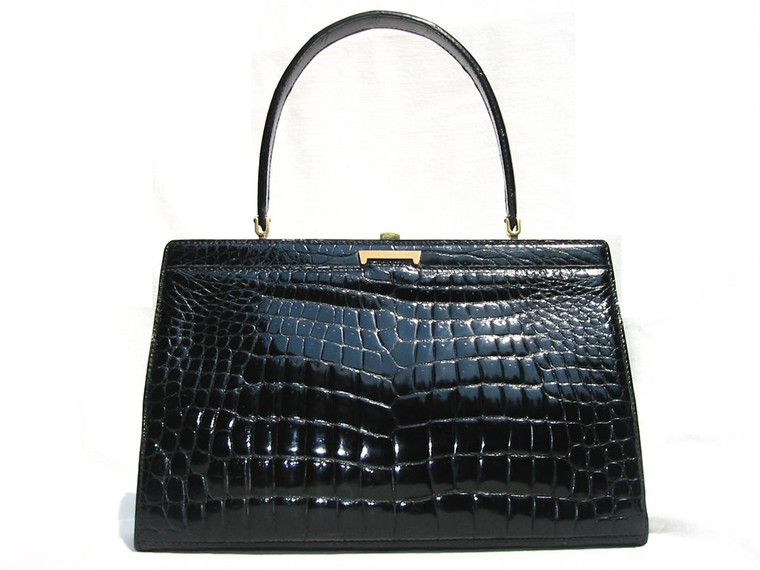  Classic 1960's Black HOLT RENFREW Alligator Belly Handbag - FRANCE 