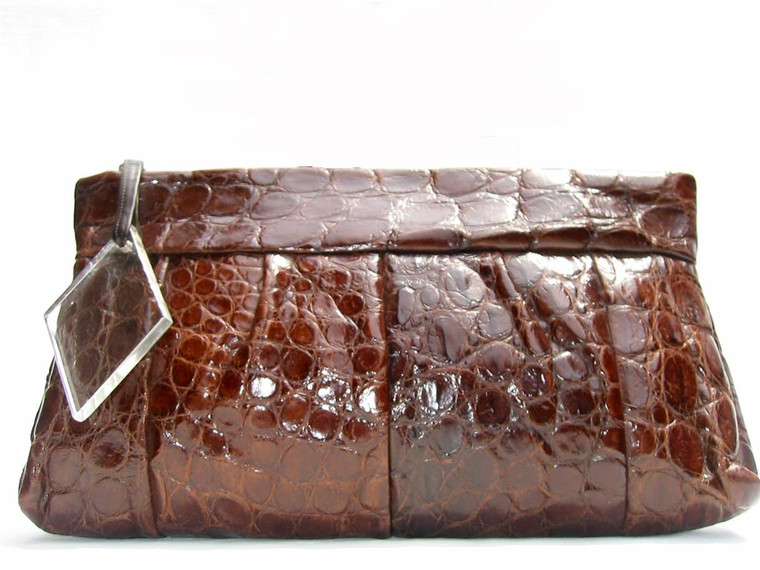  1940's-50's Large 14" Chocolate Alligator Clutch Bag w/Lucite Pull 