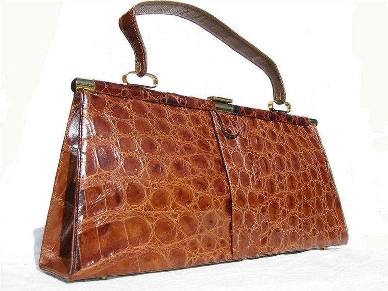  LONG 18" 1950s-60's COGNAC ALLIGATOR Skin Handbag - VASSAR! 