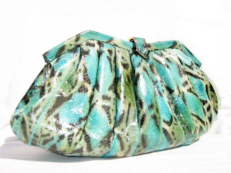  1970's TEAL GREEN Dyed Cobra Snake Skin Clutch/Shoulder Bag - PANTERA 