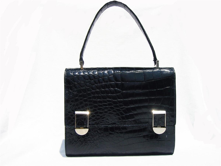  Rare MIDNIGHT BLUE 1950's-60's ALLIGATOR Skin Bag Satchel - SILVER 