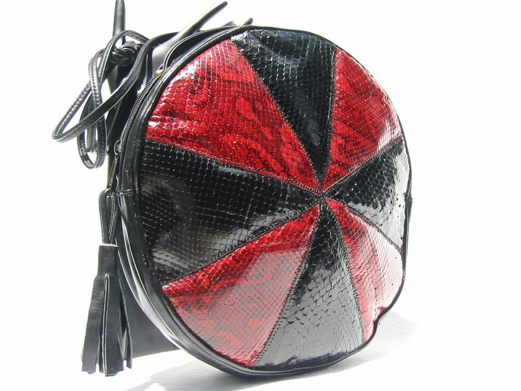  Round 1970's-80's Red/Black COBRA & PYTHON Snake Skin Shoulder Bag 