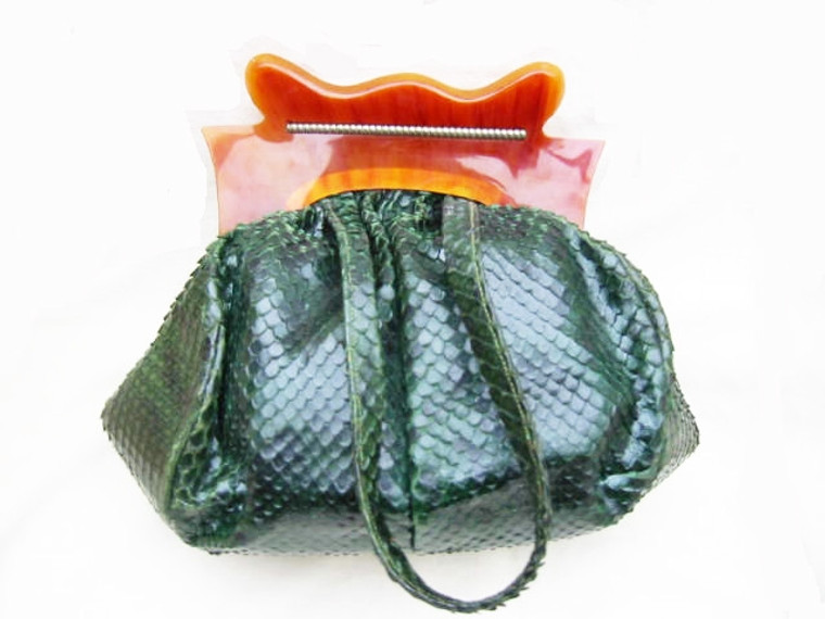 1940's Large Green Snake Skin Purse w/Bakelite Frame