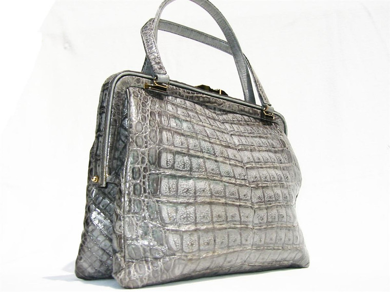  Ample PEWTER GRAY 1970's-80's CROCODILE Skin Handbag 