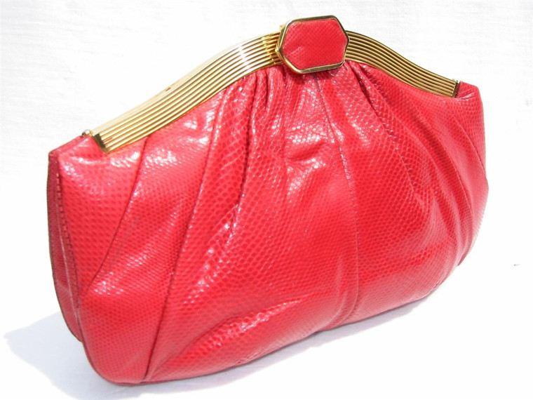  JUDITH LEIBER 1970's RED Karung Snake Skin CLUTCH Shoulder Bag 