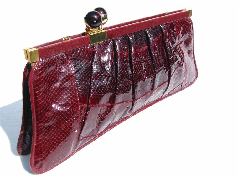  LONG 17" 1960's-70's RED Snake Skin Clutch Bag w/BAKELITE! 