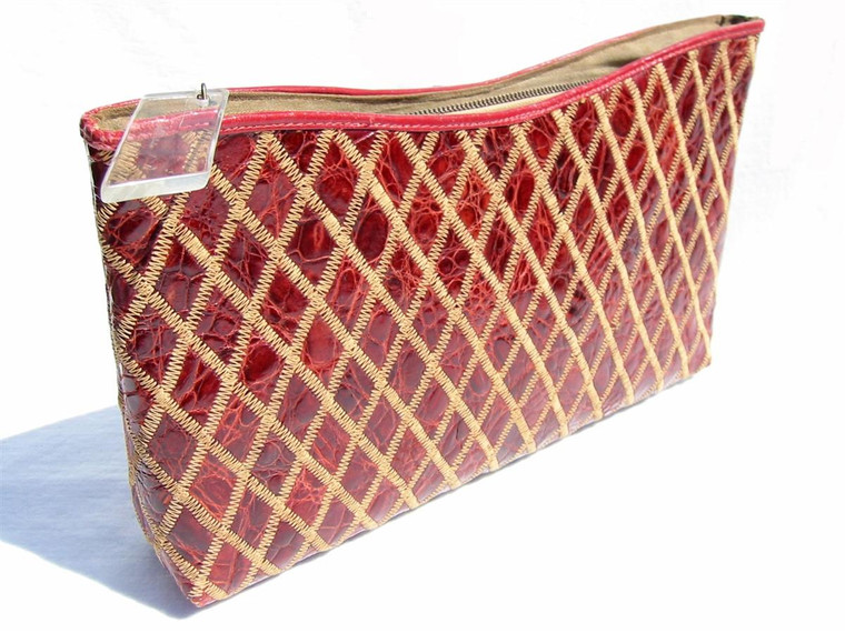  Large 12.5" BURGUNDY 1940's-50's PATCHWORK Alligator Skin CLUTCH 