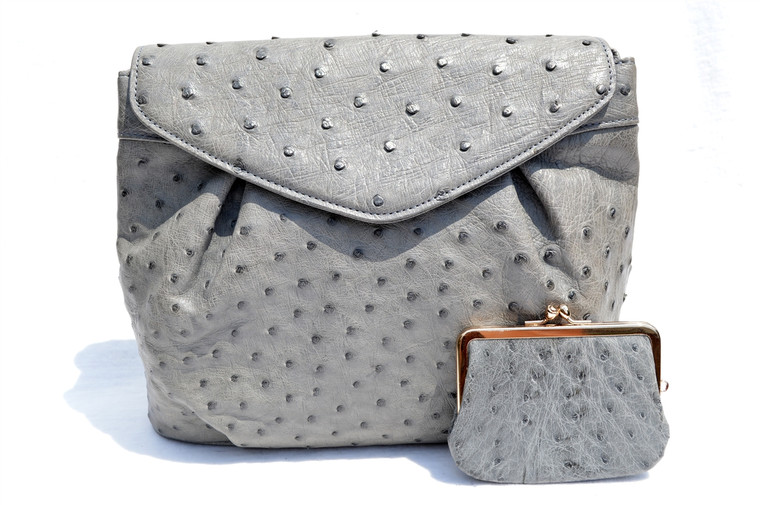 L'Oro BOLSETTA 1980's-90's GRAY Paloma Ostrich Skin Shoulder Bag w/Purse!