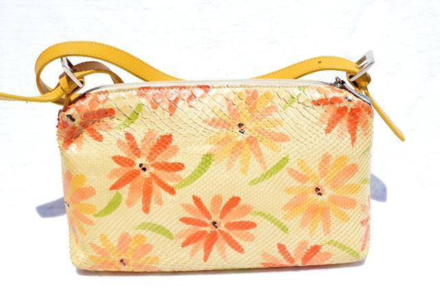  SAKS FIFTH AVENUE 1980's-90's Yellow FLORAL Cobra Snake Skin Shoulder Bag - Italy! 