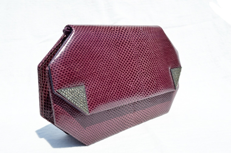 PURPLE Plum 1990's JUDITH JACK Karung Snake Skin CLUTCH Shoulder Bag w/Marcasites!