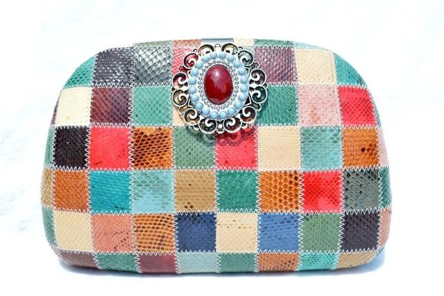  Custom 1980's Hard-Sided Patchwork COBRA Snake Skin CLUTCH Shoulder Bag with XL Front Embellishment 