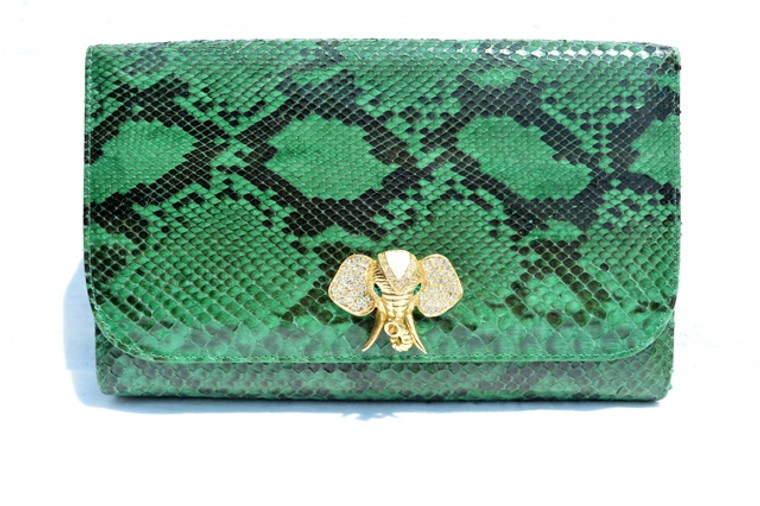GREEN 1970's-80's PYTHON Snake Skin Clutch Shoulder Bag - Jeweled Elephant!