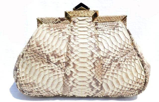  Gorgeous Cream & Tan DECO Style 1970's PYTHON Snake Skin CLUTCH Shoulder Bag - MOSKOWITZ - Tags! 