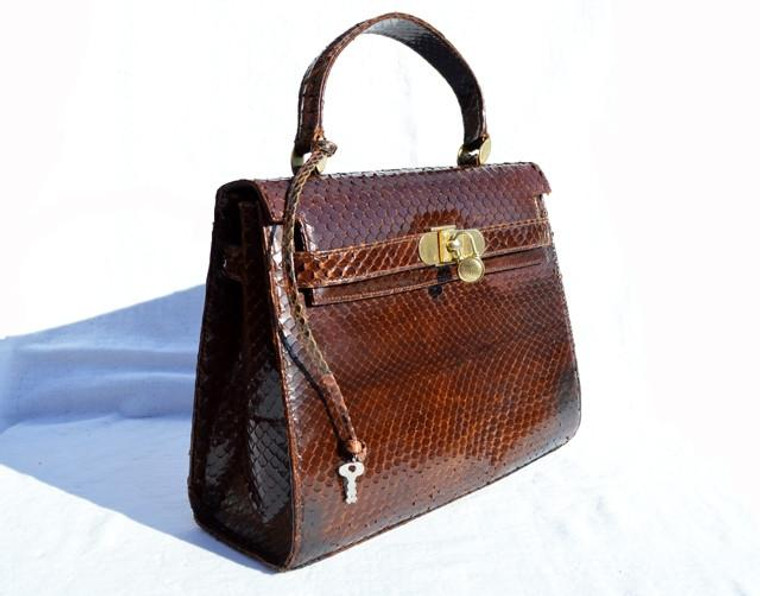  XL 1970's-80's Brown PYTHON Skin BIRKIN Style Bag with Lock & Key - HERMES! 