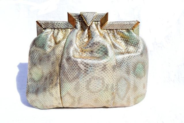  Petite SHARIF 1970's-80's Metallic Iridescent Gold Leopard Print Karung Snake Skin Clutch Cross Body Bag 