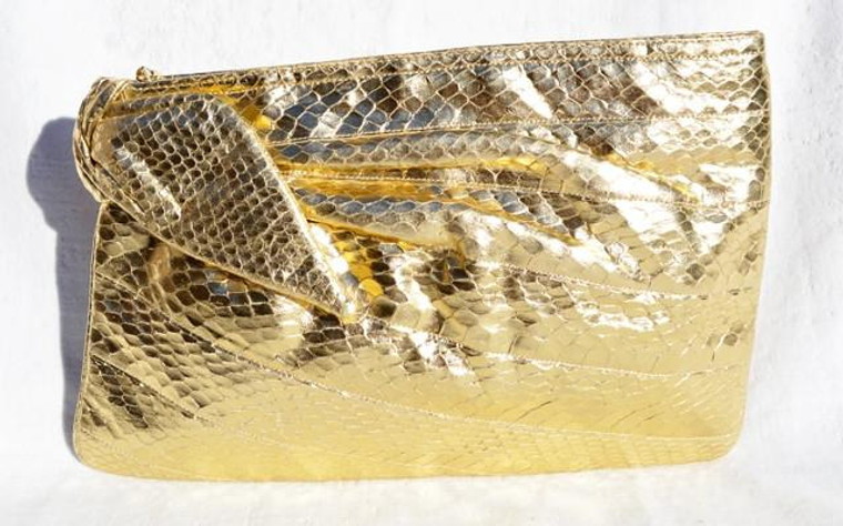  GOLD Metallic 1980's COBRA Snake Skin Clutch - MORRIS MOSKOWITZ 