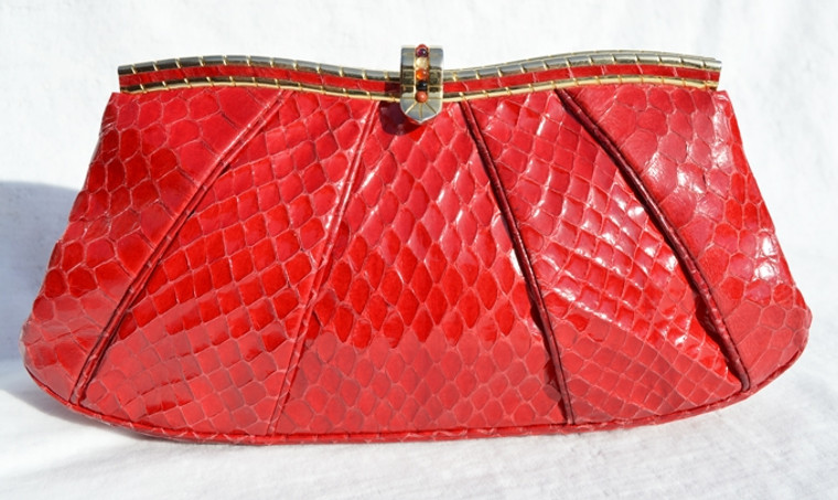 Petite RED 1980's JUDITH LEIBER Cobra Snake Skin CLUTCH Shoulder Bag