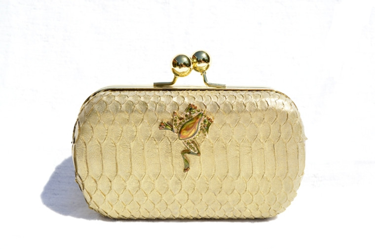 New! Metallic Gold Hard-Sided Python Skin Mini CLUTCH Bag - FROG