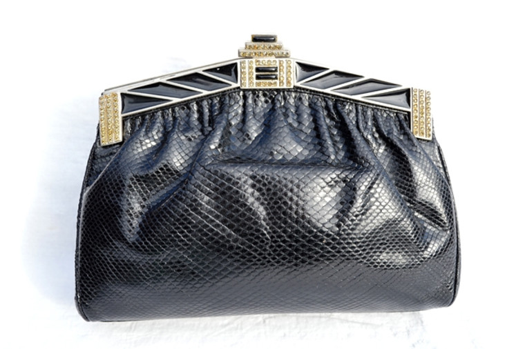 Black 1970's-80's DECO Style FINESSE LA MODEL Karung Snake Skin CLUTCH Shoulder Bag