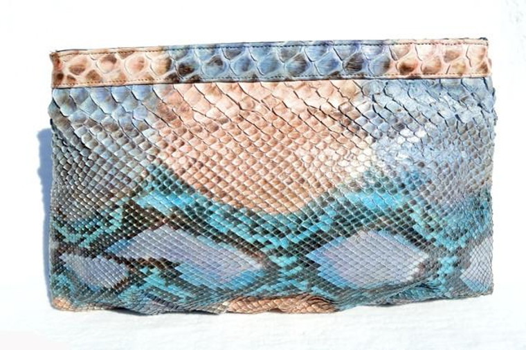  1980's TURQUOISE PINK & BLUE PYTHON Snake Skin Clutch Shoulder Bag - Zenith 
