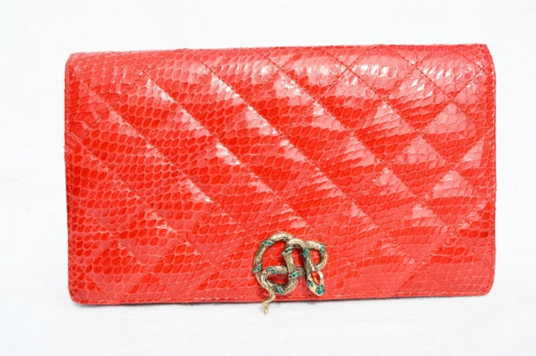 Jeweled Red 1980's QUILTED COBRA Snake Skin CLUTCH Cross Body Shoulder Bag - SAKS