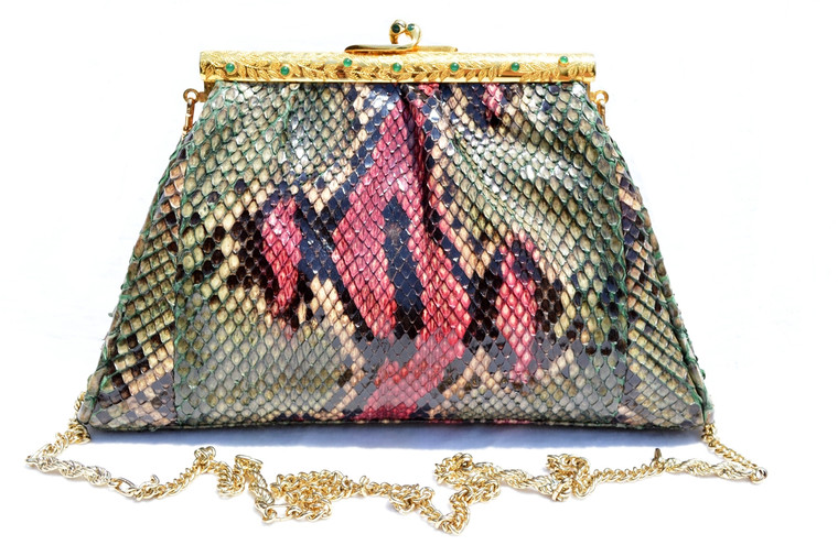 Gorgeous 1980's GREEN & PINK Python Snake Skin Crossbody Shoulder Bag