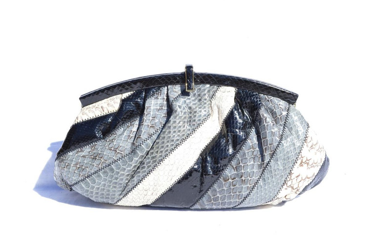  1970's-80's PANTERA Black, Cream & Gray COBRA Snake Skin Clutch Shoulder Bag 