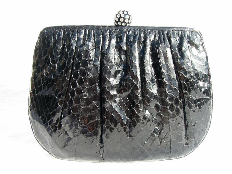  BLACK Jeweled 1980's COBRA Snake Skin CLUTCH Evening Bag 