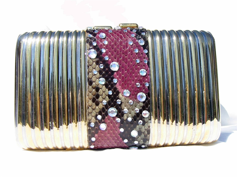 JEWELED 1980's Metal Hard-Sided Pastel PYTHON Snake Skin CLUTCH