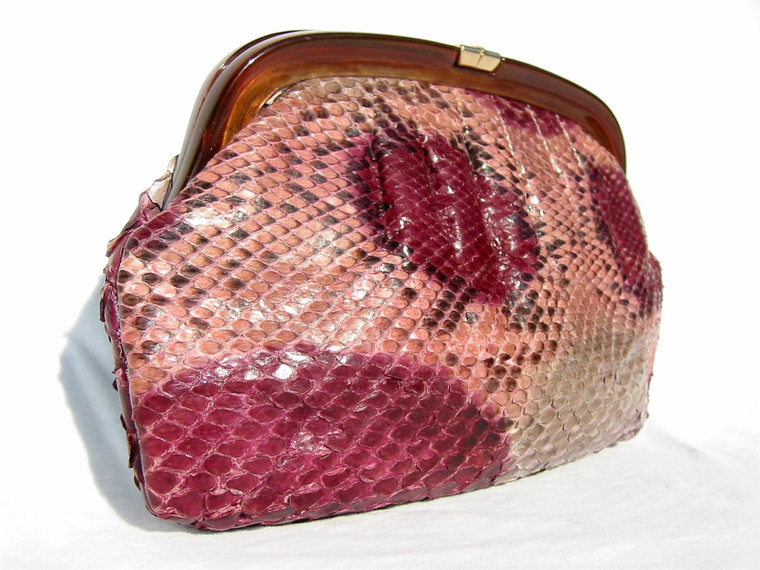 PURPLE, PINK & GRAY 1970's PYTHON Snake Skin CLUTCH Bag - LUCITE