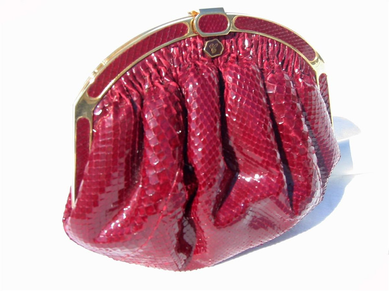  1970's-80's BURGUNDY WINE PYTHON Snake Skin Clutch Shoulder Bag 