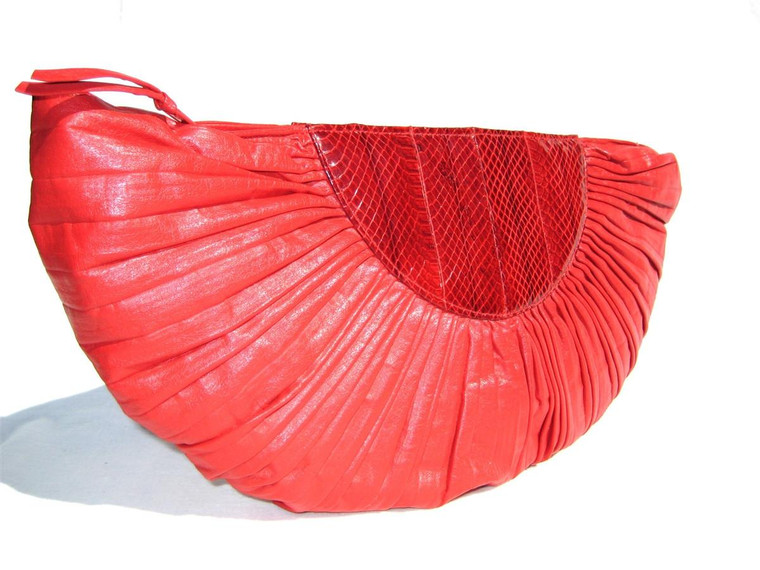  LONG 19" 1970's RED Leather & Snake Skin Deco Style Clutch Purse 