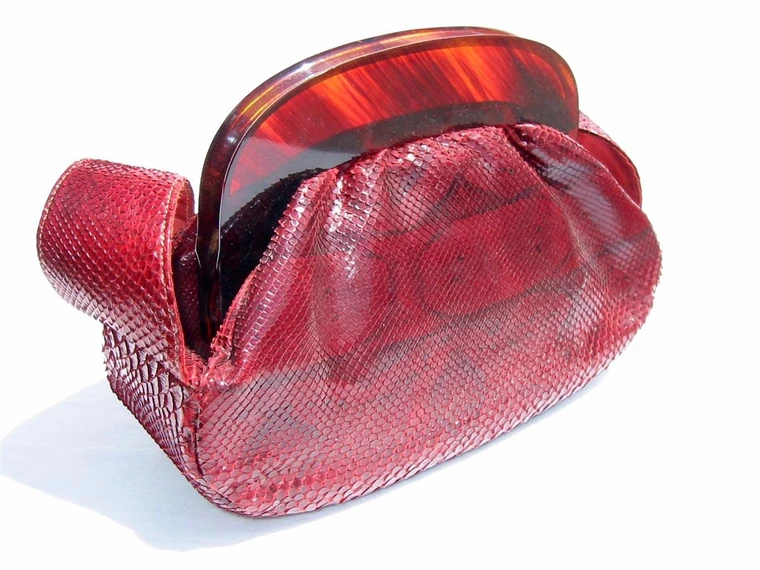  1940's-50's DECO Style Red BOA Skin Handbag w/LUCITE! 