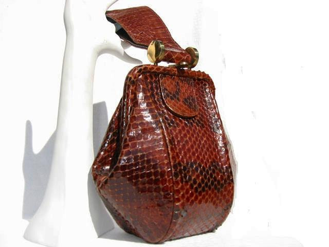  1940's RUST BROWN ANACONDA Snake Skin Deco Style Wristlet Purse 