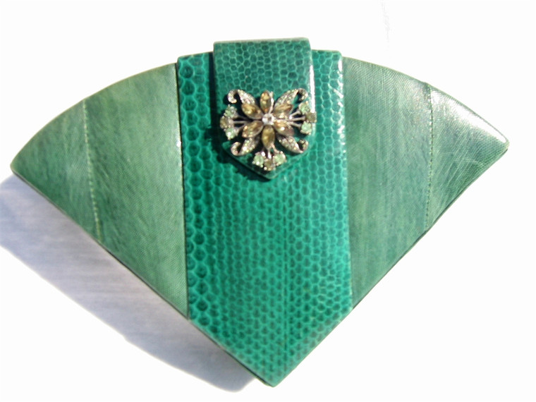 GREEN 1970's-80's Jeweled Hard-Sided SNAKE Skin CLUTCH