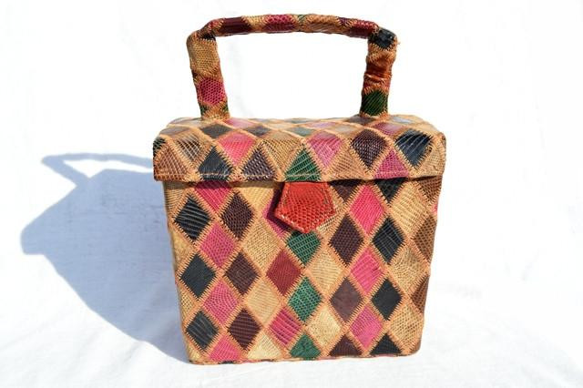  Unusual 1940's Harlequin Multi-Colored Lizard Skin Lunchbox Style Bag 