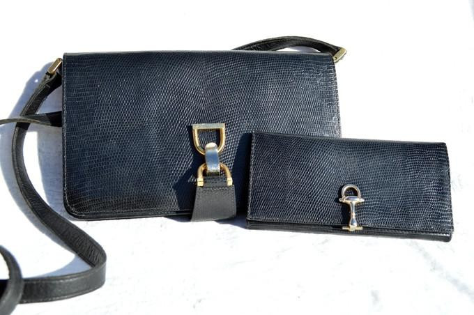  GUCCI 1970's-80's BLACK Lizard Skin CLUTCH Shoulder Bag with Matching Wallet 