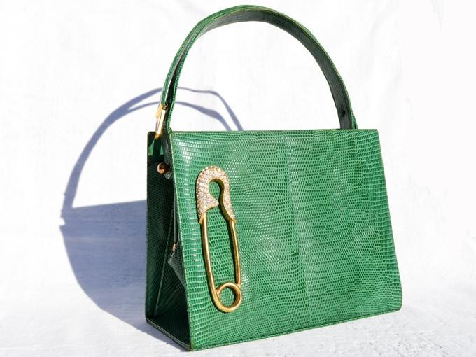MARTIN VAN SCHAAK 1950's-60's GREEN Lizard Skin Handbag - SAFETY