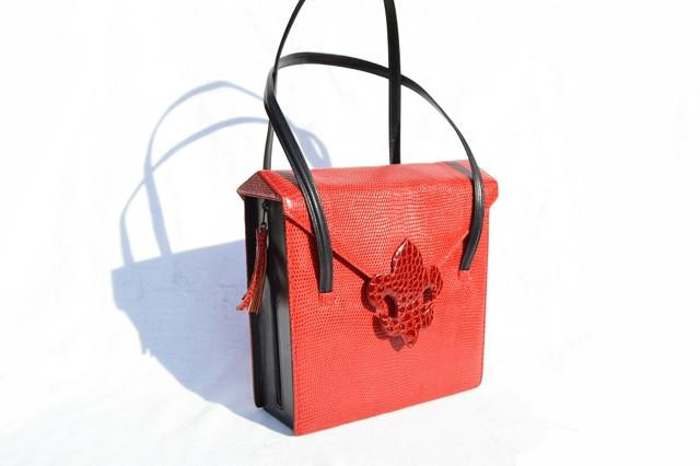  Unique Red & Black 1990's LIZARD & CROCODILE Skin Handbag - LUC BENOIT 
