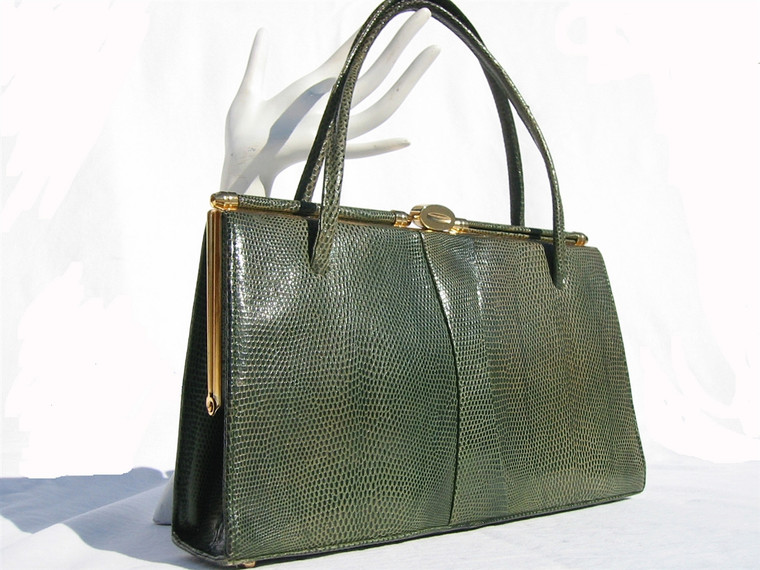 Ample GREEN 1950's-60's Lizard Skin Handbag - RIVIERA BAG!