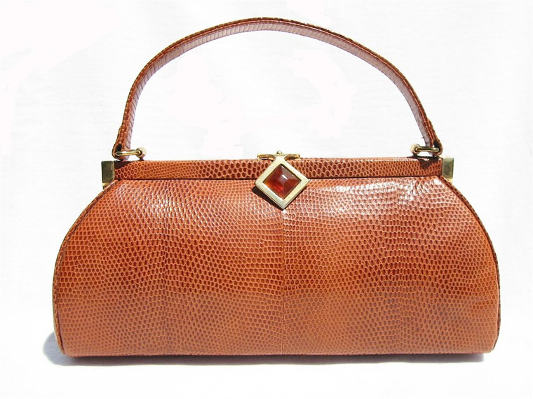  1950's-60's BURNT ORANGE Lizard Skin Handbag w/Bakelite Clasp 
