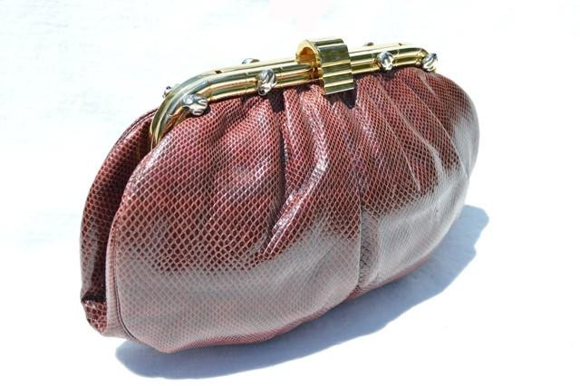  1980's-90's DARK ROSE Lizard Skin Clutch Shoulder Bag with FROGS - JUDITH LEIBER 